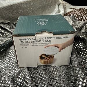 NWT Bamboo Salt & Pepper Round Box with Marble Lid and Embedded Spoon